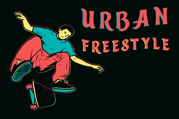 Stylish isolated young skater in red jeans and sneakers. Skateboard. Vector illustration for a postcard or a poster, print for clothes. Street cultures. Urban freestyle