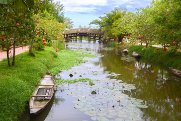 Thanh Toan Bridge, The ancient wooden Bridge on the river perfume near Hue City, Vietnam