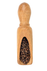 Black peppercorn in a wooden scoop isolated on white background. Top view