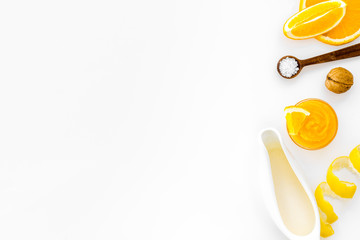 citrus orange cosmetic for natural spa bath on white table background top view mock up