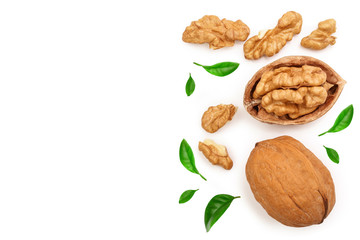 Walnuts with leaf isolated on white background with copy space for your text. Top view. Flat lay