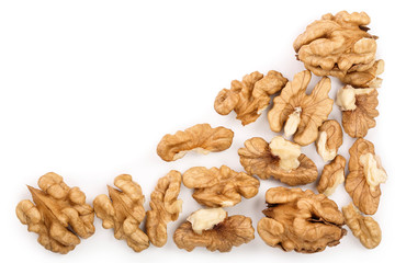 peelled Walnuts isolated on white background with copy space for your text. Top view. Flat lay