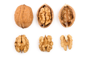 Walnuts isolated on white background. Top view. Flat lay. Set or collection