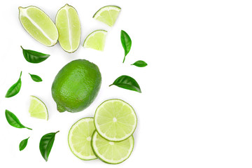 sliced lime vith leaves isolated on white background with copy space for your text. Top view. Flat lay pattern