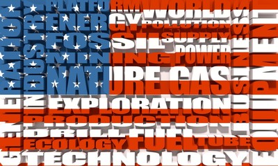 Fototapeta premium Nature gas relative tags cloud textured by flag of USA. Image relative to gas production and supply. 3D rendering