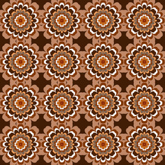 Seamless floral pattern fromwhite, orange and brown geometrical abstract ornaments on a dark background. Vector illustration can be used for textiles, wallpaper and wrapping paper