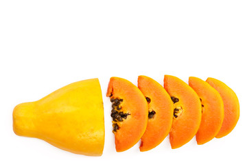 ripe slice papaya isolated on a white background with copy space for your text. Top view. Flat lay