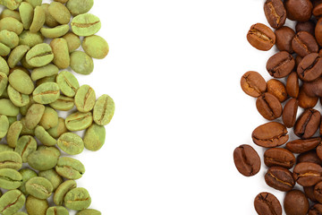 green and brown coffee beans isolated on white background close up. Top view. Flat lay