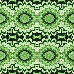 Seamless striped floral pattern from green geometrical abstract ornaments on a dark background. Vector illustration can be used for textiles, wallpaper and wrapping paper