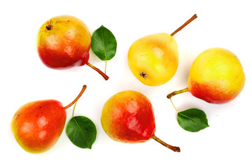 ripe red yellow pear fruits with leaf isolated on white background. Top view. Flat lay pattern