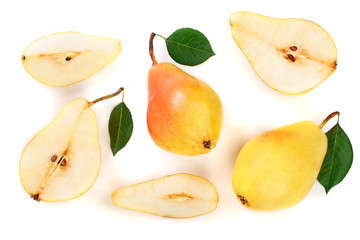 ripe red yellow pear fruits with leaves isolated on white background. Top view. Flat lay pattern