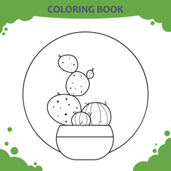 Coloring book page for kids. The cactuses in pot