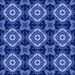 Seamless square pattern from blue geometrical abstract ornaments on a dark background. Vector illustration can be used for textiles, wallpaper and wrapping paper