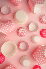 Obraz na płótnie Canvas Set of Pink polka dot, heart paper cupcaker liner, Bakery background, monochrome Vintage pastel background, romantic cooking concept