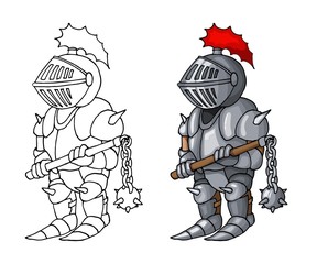 Cartoon medieval confident knight with morgenstern, isolated on white background