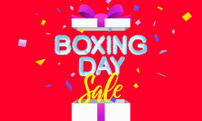 Boxing day Sale vector illustration. Opened surprise gift box with confetti explosion