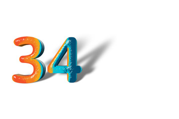 3D Number 34 thirty four lively colours
