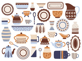 Kitchen crockery. Ceramic cookware, porcelain cups and glassware jar. Kitchen tableware isolated flat items vector set