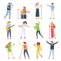 Fototapeta na wymiar Musician singers people. Vocal singer artist, singing diva opera with mic and musicians sing song concert vector flat set