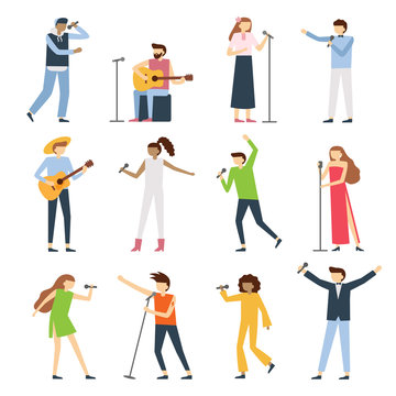Musician singers people. Vocal singer artist, singing diva opera with mic and musicians sing song concert vector flat set