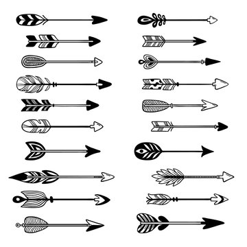 Aztec arrows. Ornament bow arrow with feather, hipster graphic pointer and tribal arrowhead hand drawn vector set