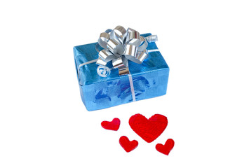 Blue gift box red hearts on white isolate background