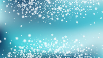 Glitter snowflakes background. Macro snowflakes flying border illustration. Fantasy Snowstorm Illustration Design. Gradient base.