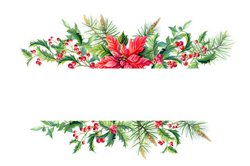 Watercolor Merry Christmas Frame banner with poinsettia