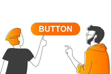 Young man from the back view presses on the button, minimal web vector illustration