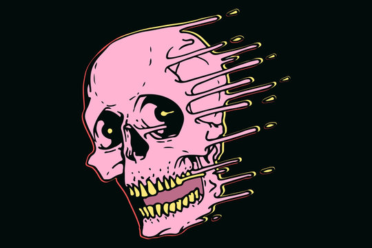 Abstract multicolored pink liquid skull cover with drips. Cool trendy vivid colors. Vector illustration.