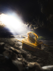 Ark of the covenant covered in cobwebs in a cave / 3D Rendering - obrazy, fototapety, plakaty