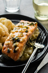 Solomon fillet with pineapple and cauliflower. Fish with vegetables.