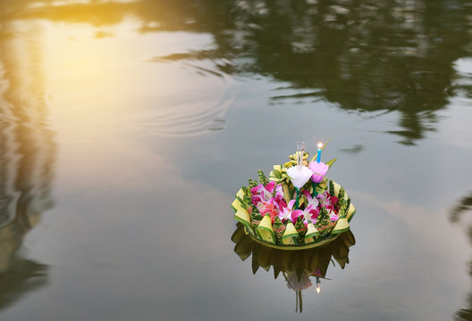 Loy Krathong festival, Krathong floating in pond for forgiveness Goddess Ganges to celebrate festival in Thailand.