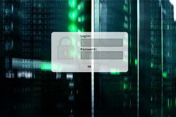 Server room, login and password request, data access and security.