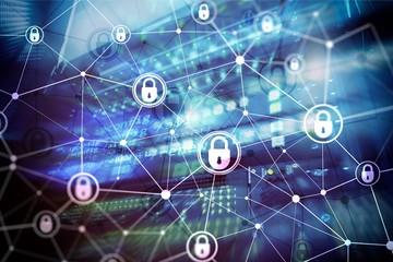 Cyber security, information privacy, data protection concept on modern server room background. Internet and digital technology concept.