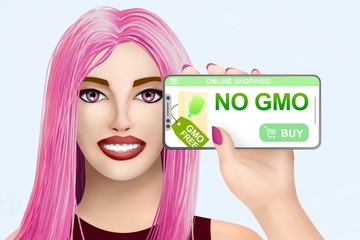 Concept no gmo food buy online. Drawn nice girl on colourful background. Illustration