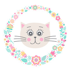 Cute cat. Vector card with hand drawn kitten face and floral wreath. Pastel colors - yellow, pink, white, green. Illustration in flat style. Isolated. On white background.