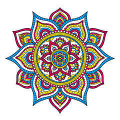 Wektor ręcznie rysowane doodle mandali. Etniczna mandala z kolorowym ornamentem plemiennym. Odosobniony. Kolory różowy, biały, niebieski i żółty. Na białym tle. - 239261480