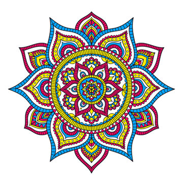 Vector hand drawn doodle mandala. Ethnic mandala with colorful tribal ornament. Isolated. Pink, white, blue and yellow colors. On white background.