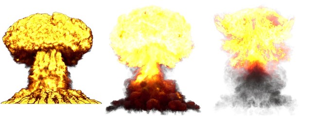 3D illustration of explosion - 3 huge very high detailed different phases mushroom cloud explosion of nuclear bomb with smoke and fire isolated on white