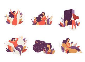 Feminine concept illustration, beautiful women, different situations. Characters decorated with flowers and leaves.
