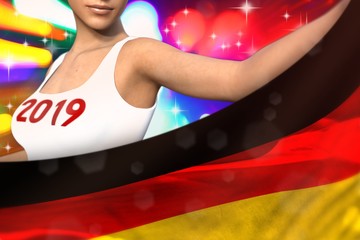 young woman holds Germany flag in front on the party lights - Christmas and 2019 New Year flag concept 3d illustration
