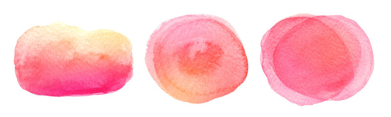 Collection of watercolor abstract pink red brush strokes on white background.