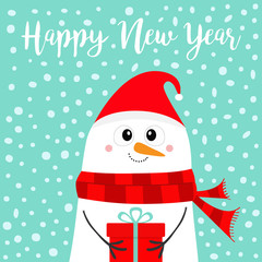 Happy New Year. Snowman holding gift box present. Carrot nose, red Santa hat, scarf. Merry Christmas. Cute cartoon funny kawaii character. Blue snow winter background. Flat design.