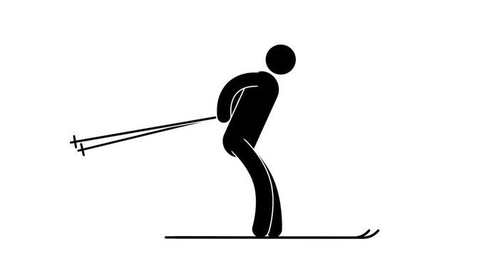 The skier runs on skis in a classic style - an animated sport icon. Pictogram people looped video with alpha channel.