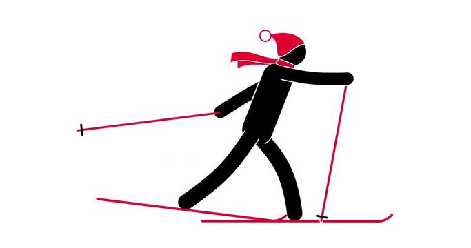 Icon skier in a red hat and scarf. Looped animation with alpha channel.