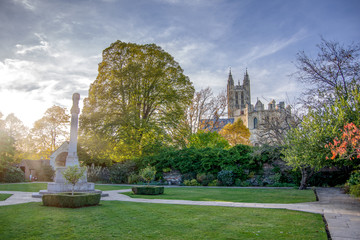 Landscape view of park on the eastside of Canterbury Cathedral. Kent, United Kingdom.