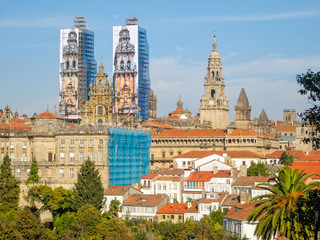 View of the Cathedral of Santiago de Compostela and the Raxoi Palace from the Alameda Park during the restorations in 2014 - Santiago de Compostela, Galicia, Spain - obrazy, fototapety, plakaty