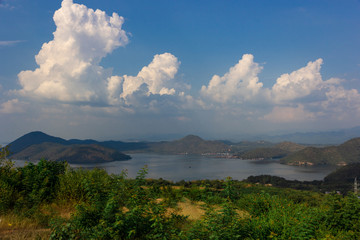 Nature scene of Srinagarind Dam with cloudy sky at kanchanaburi ,Thailand