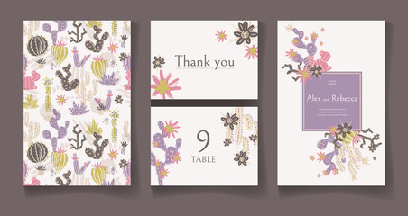 Fototapeta na wymiar Ready wedding card design template. Beautiful desert blooming su